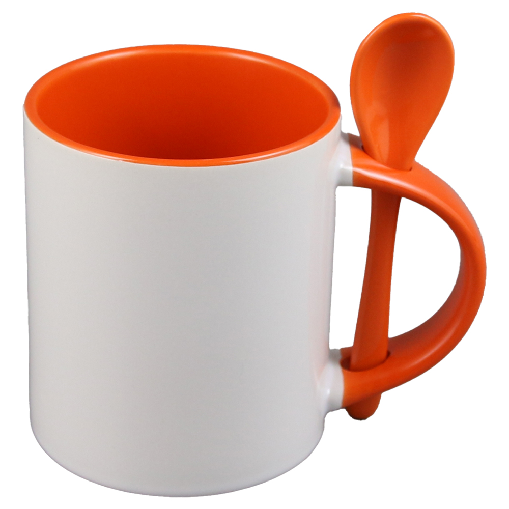 Cana ceramica sublimabila, cu interior si lingurita portocalie, 300 ml